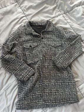 Textured Black & White Plaid Button Pullover